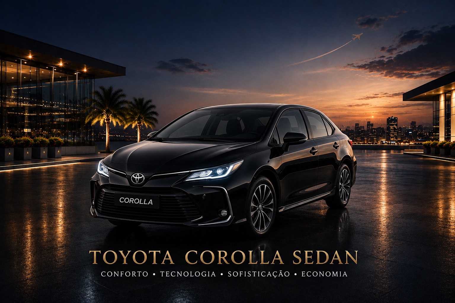 Toyota Corolla preto da JP Executive à noite, na entrada de um hotel