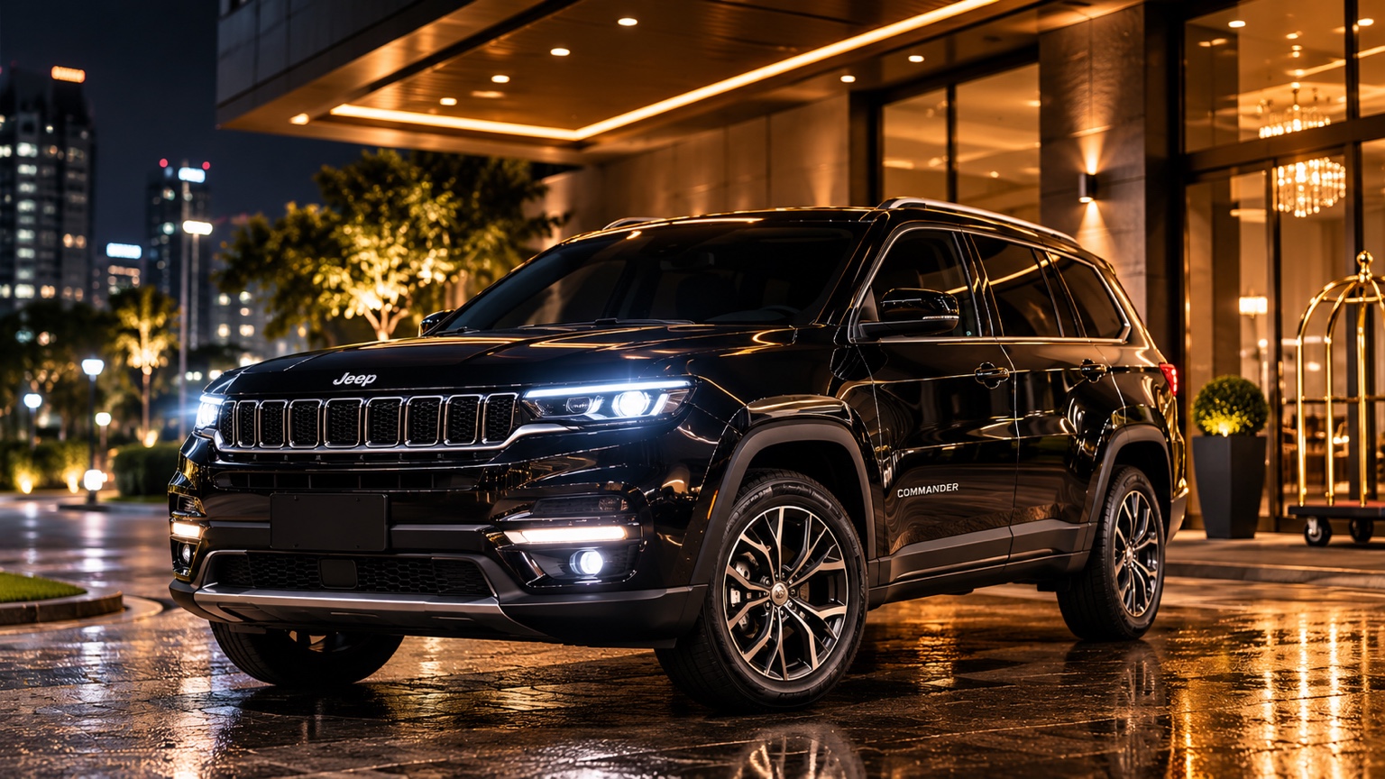 Jeep Commander preta da JP Executive parada à noite na entrada de um hotel